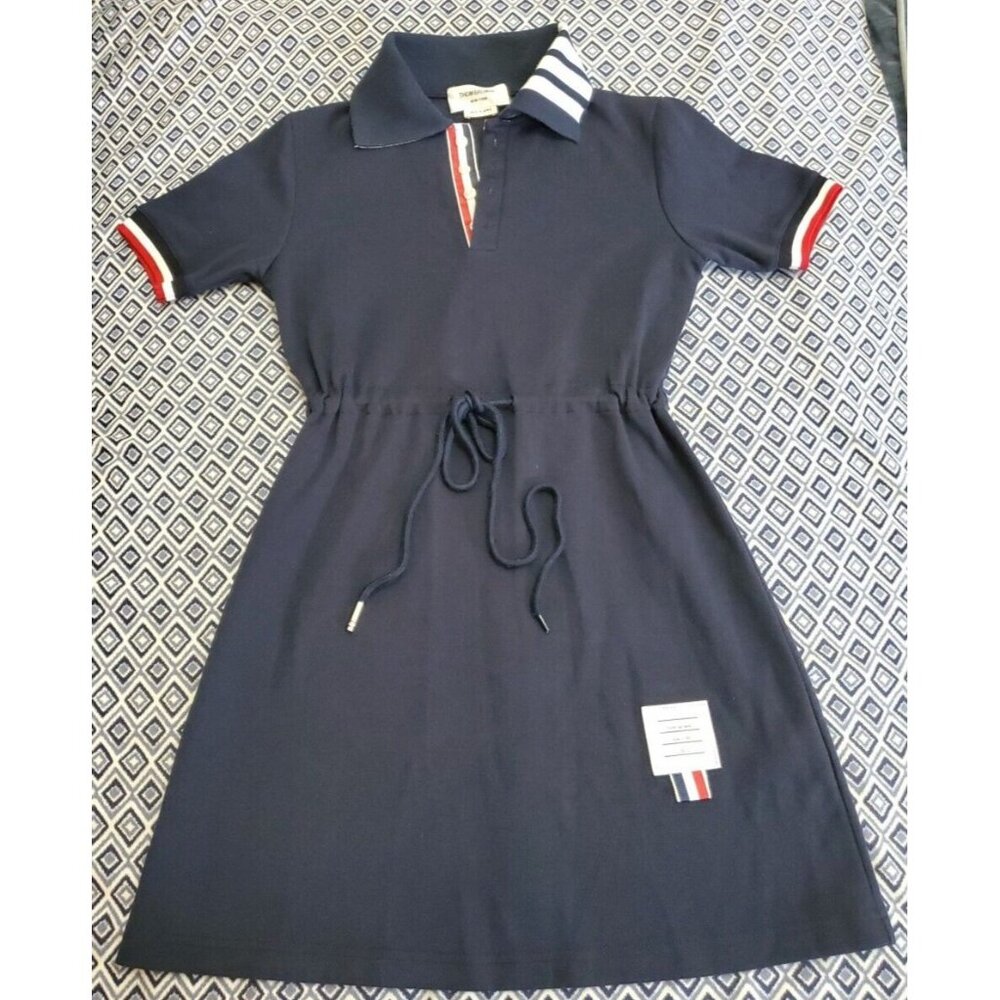 THOM BROWNE Navy Tricolured Band Polo Dress Logo Stripe Womens Size 0 Japan
